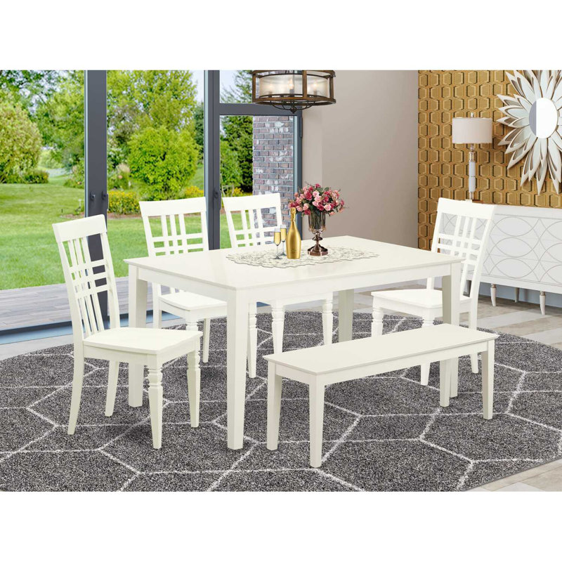 Ensemble de table de salle à manger 6 pièces comprenant une table de cuisine rectangulaire et 4 chaises de salle à manger avec banc, lin blanc