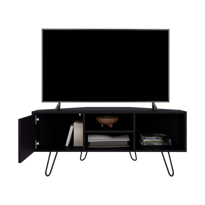 Meuble télé de coin Lancaster, avec deux tablettes et deux armoires, noir