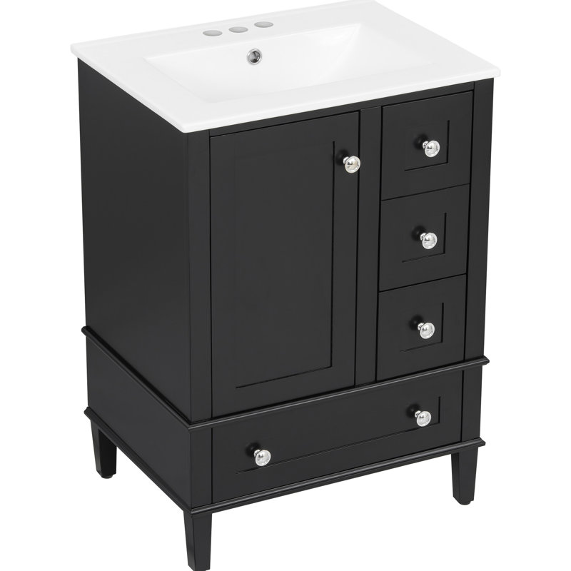 Meuble-lavabo noir de 24 po avec tablette à double couche, tiroirs à fermeture en douceur et panneaux 24 po Armoire avec support, pieds réglables