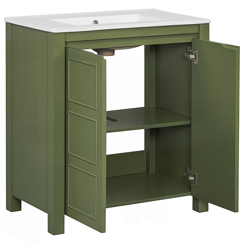 Meuble-lavabo Farmhouse avec lavabo en céramique, porte à fermeture douce, tablette réglable, Vert olive