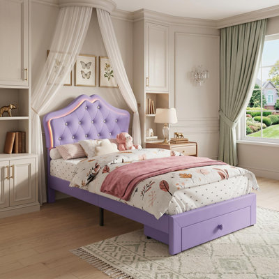 76"L x 39"W x 43.7"H Twin Size LED Bed with Trundle and 2 Storage Drawers for Teen Bedroom, Engineered Wood Platform Frame with Crystal Tufted Faux Leather Headboard, Purple