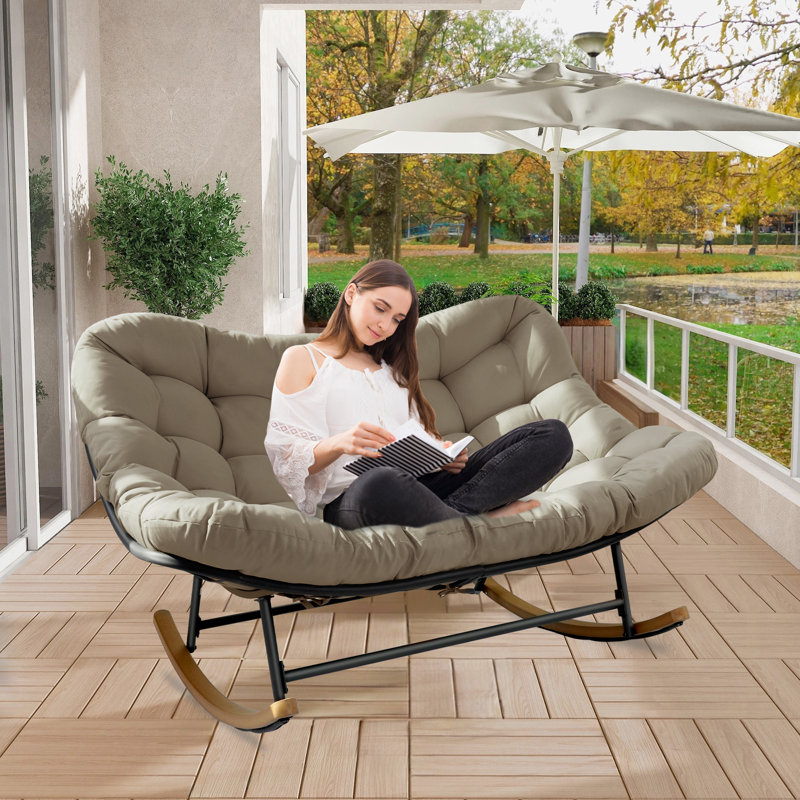Chaise berçante de patio pour l'extérieur, surdimensionnée Papasan pour 2 personnes avec structure en acier enduit E et coussin épais