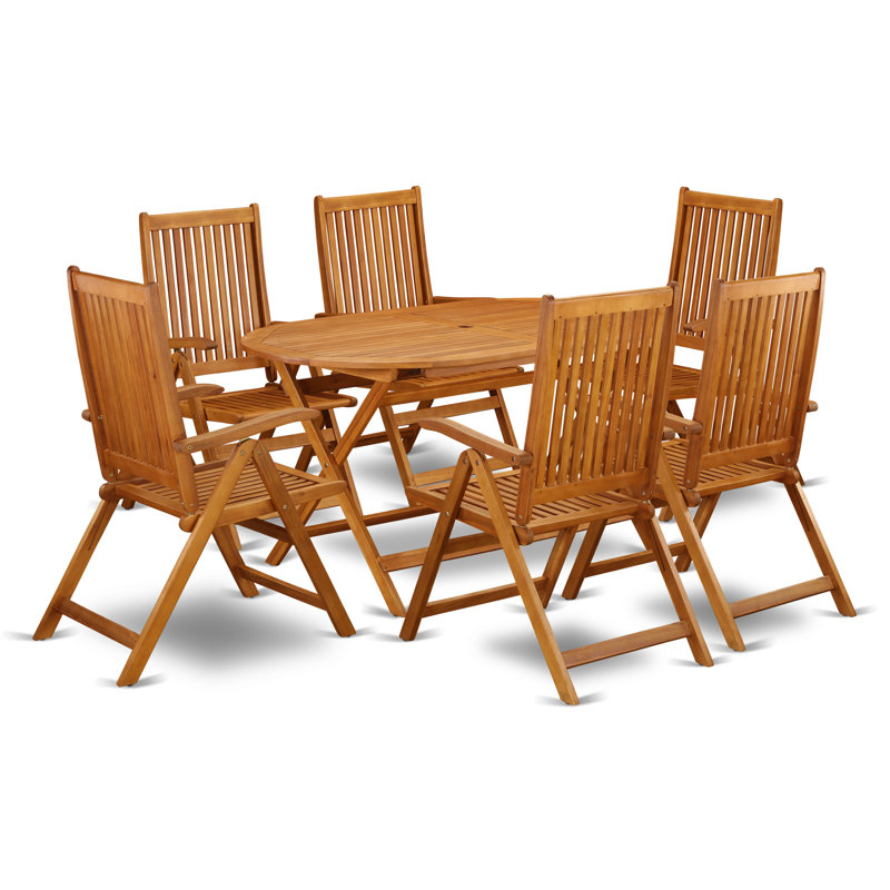 7 Piece Patio Bistro Dining Furniture Set Consist of an Oval Outdoor Acacia Wood Table and 6 Folding Adjustable Arm Chairs, 36x60 Inch, Natural Oil