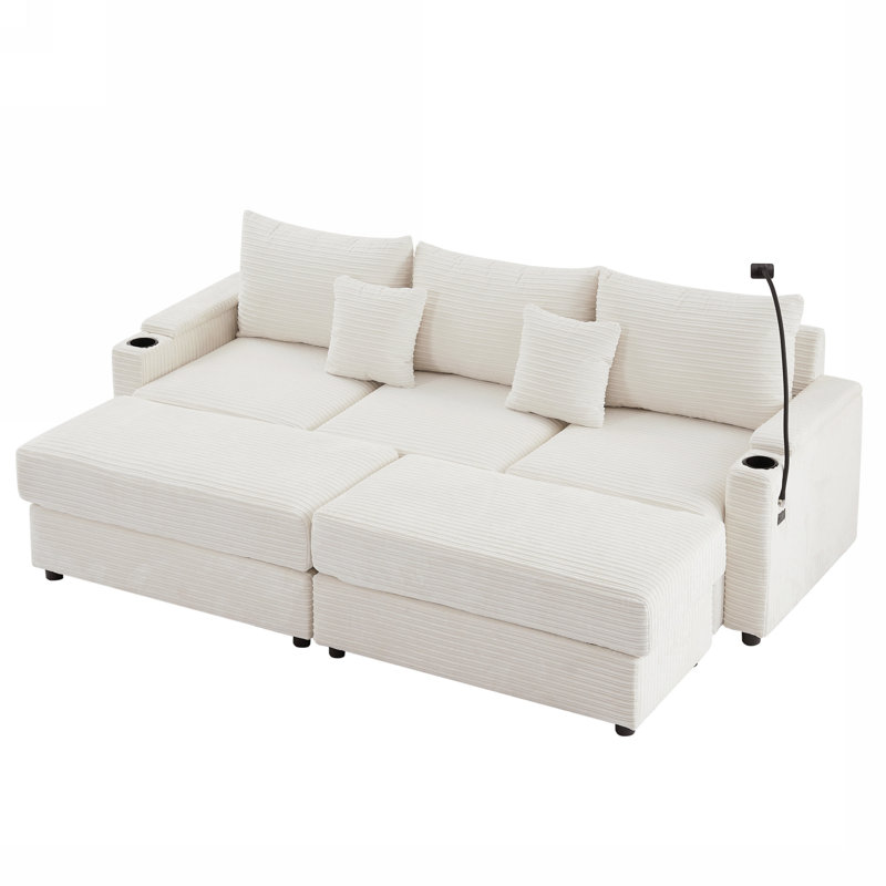 Multifunctional Modular Sofa Sectional With Ottomans, Beige Corduroy, 33.7" H x 95.3" W x 35.4" D