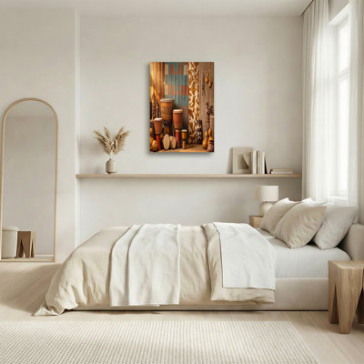African Drums and Wooden Masks against Patterned Textiles Canvas Wall Art
