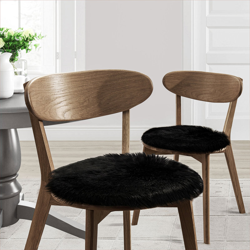Faux Fur 16" Round Decorative Chair Pad, Black, Set of 2