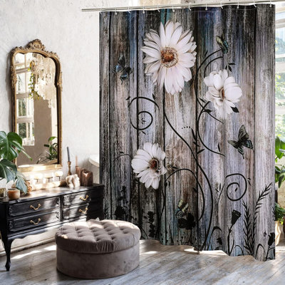 Ensemble de rideau de douche Rustic Daisy avec crochets, tissu floral à motif de plantes pour décoration de salle de bain rétro, style maison de campagne