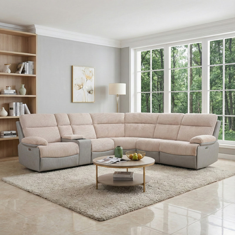 Ensemble de salon 3 pièces inclinable deux tons - Velours côtelé et cuir, Blanc
