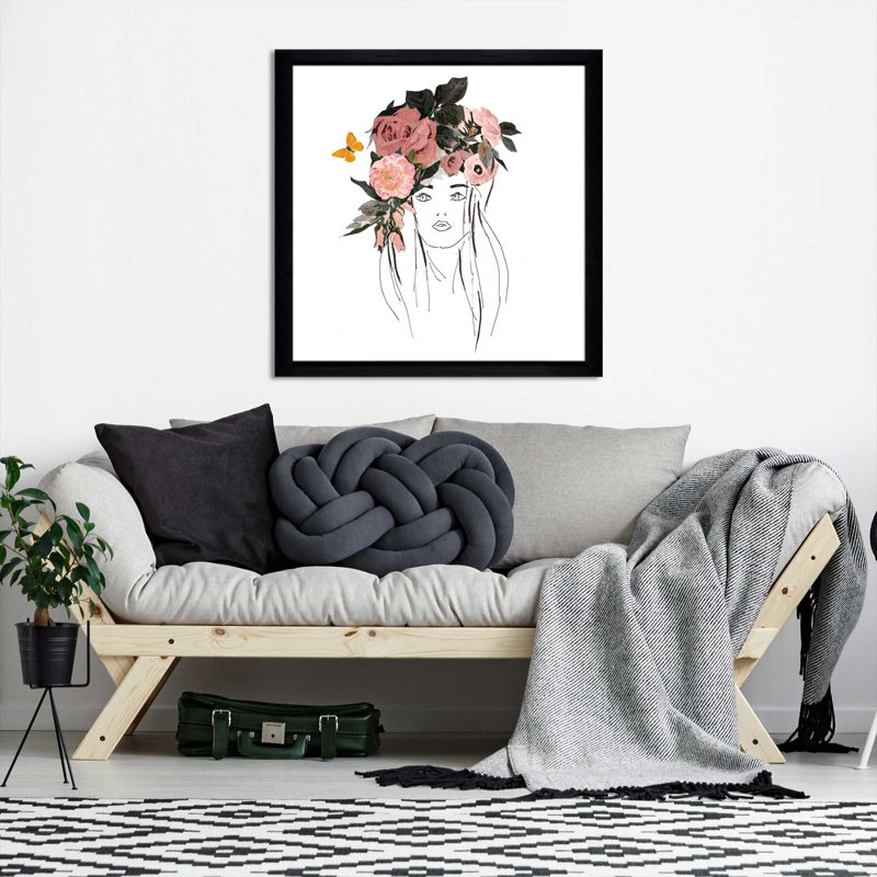 Tête avec fleurs roses (carré) par Patricia Pinto, reproduction, H 31,5 po x l 31,5 po x P 1 po, Cadre noir