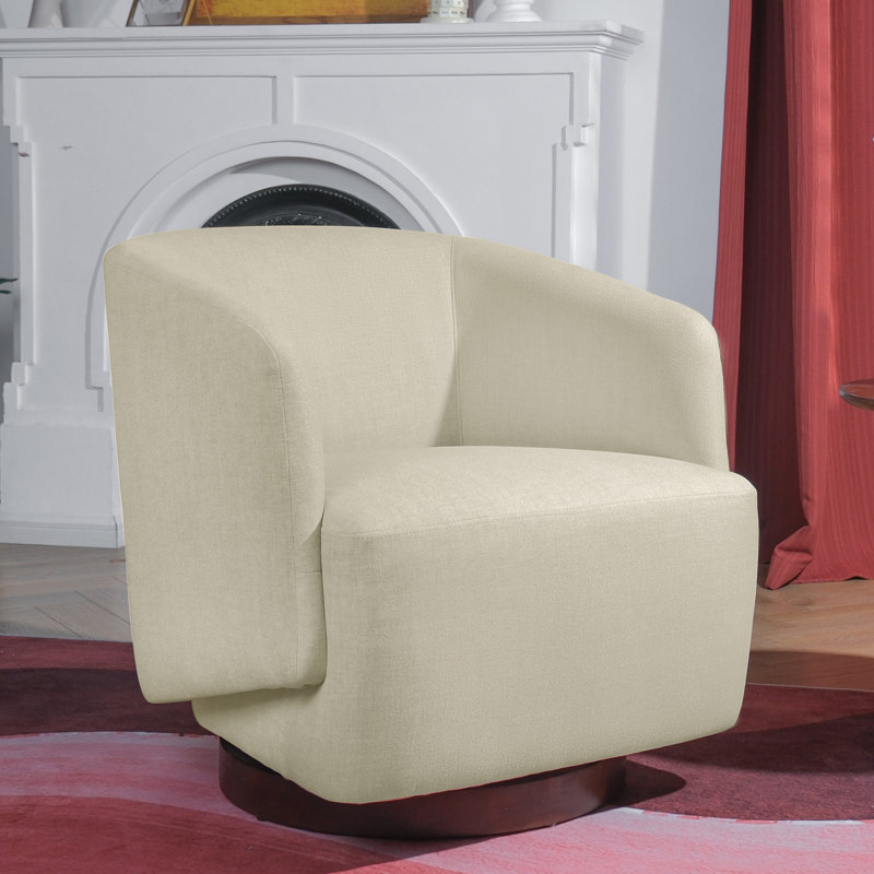 Beige Performance Fabric Swivel Barrel Chair with Wooden Base