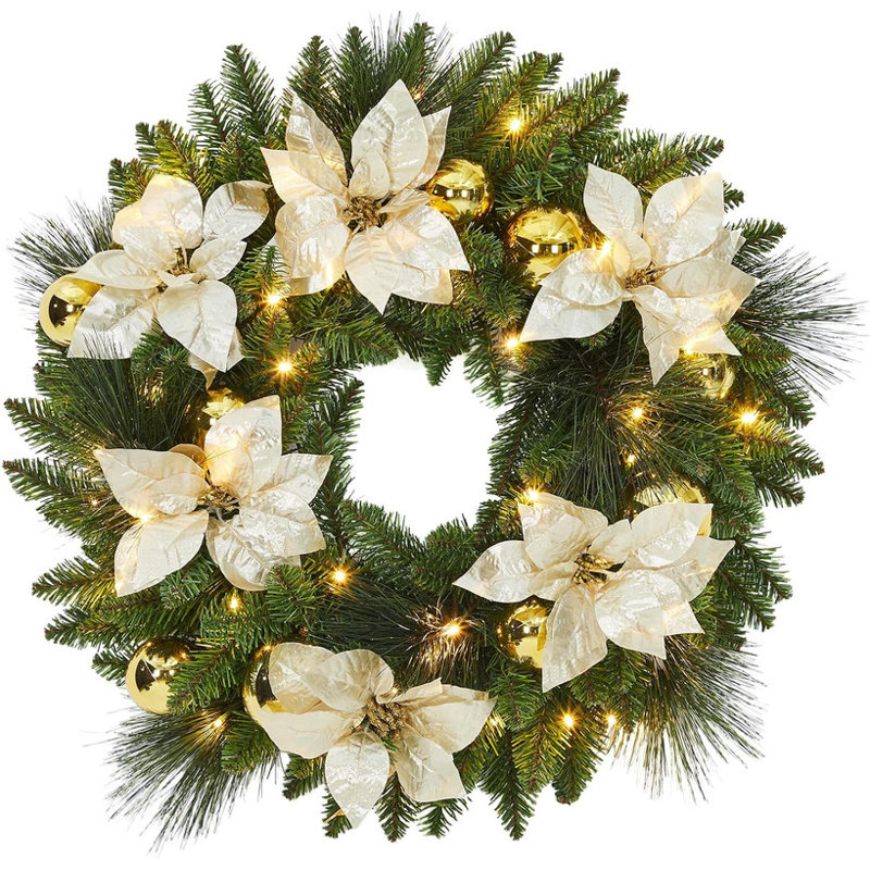 Couronne de Noël 24 po avec baies givrées et pile à DEL, Doré / Blanc