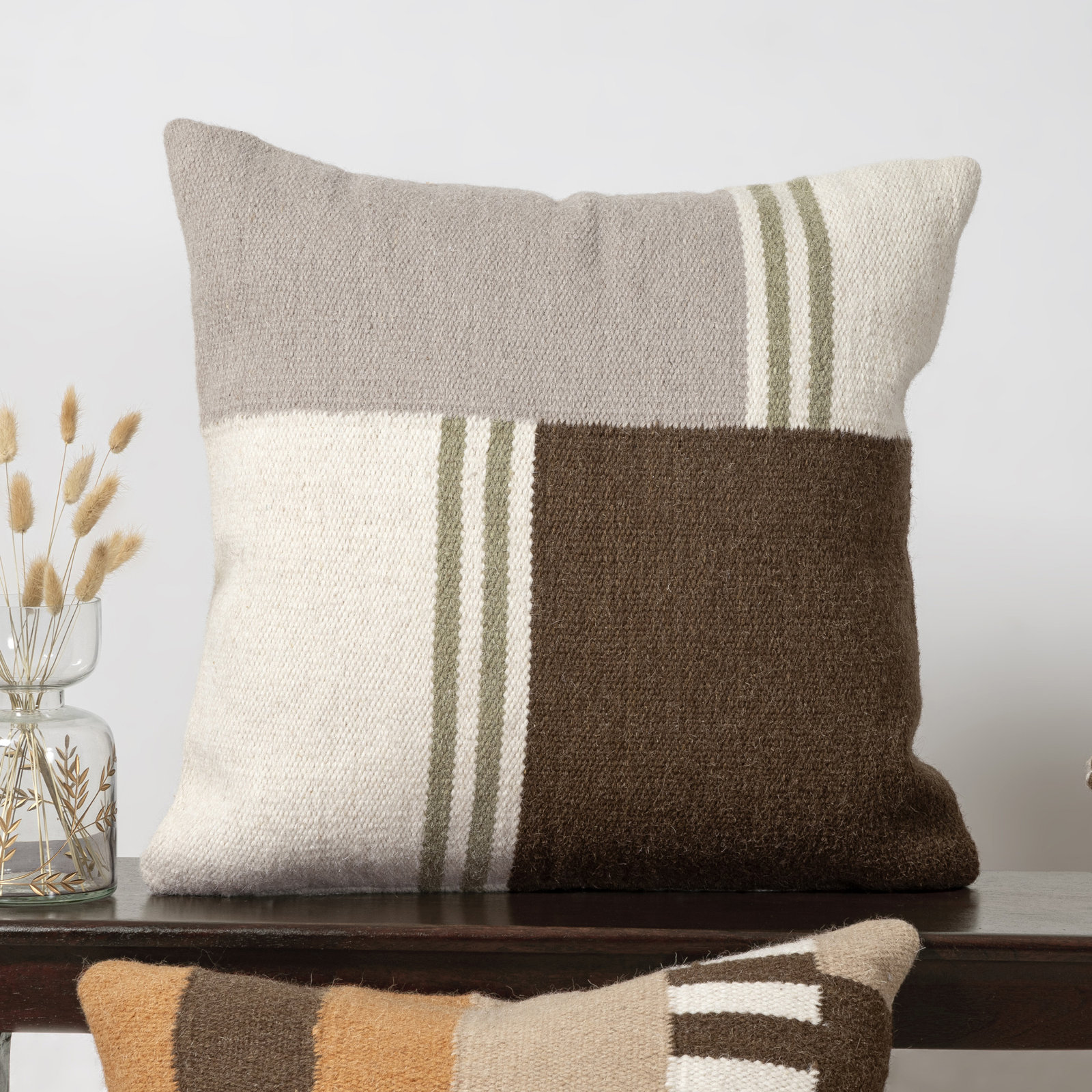 Atelier Contemporary Geometric Hand-Woven Throw Pillow, Polyester, Square 24"H x 24"W, Brown/Gray/Ivory