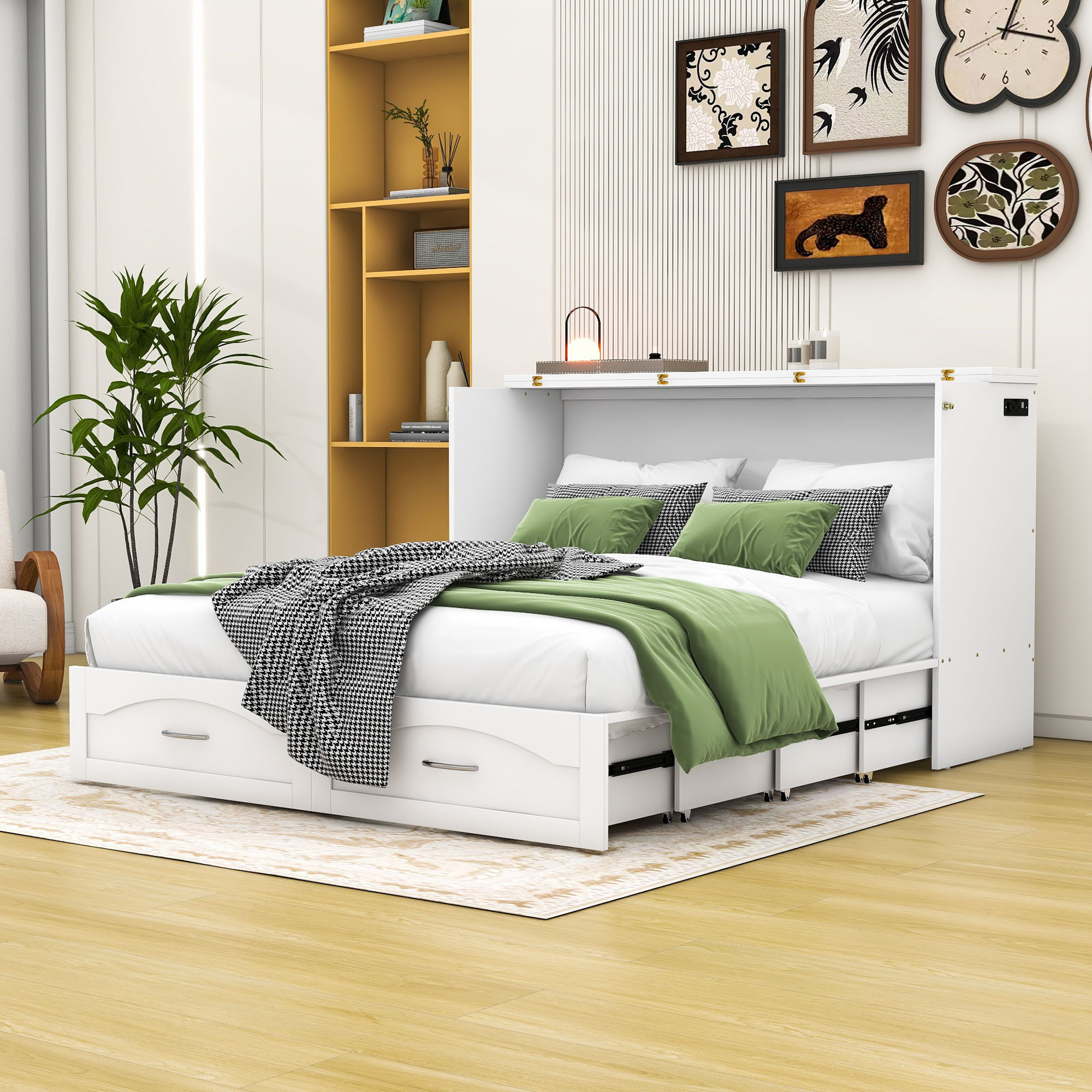 Willow-Wares Queen Size Wooden Murphy Bed with Built-In Charging ...
