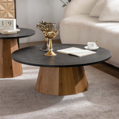 Round Coffee Table With Sturdy Pedestal, Wooden Tea Table For Living Room, Easy To Assemble And Durable