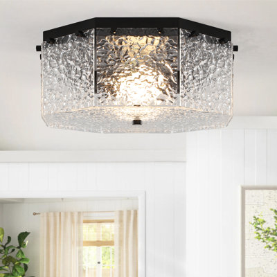 13'' 2-Light Black Modern Octagon Stone-Texture-Shaped Flush Mount Lighting Fixture For Living Room/ Bedroom