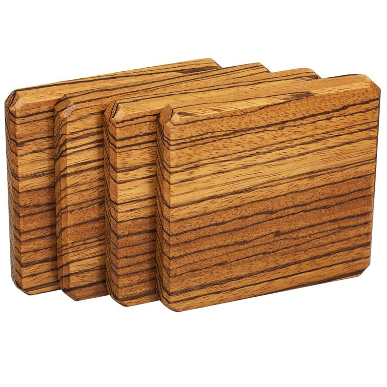 Wood Square 4 Piece Coaster Set With Holder