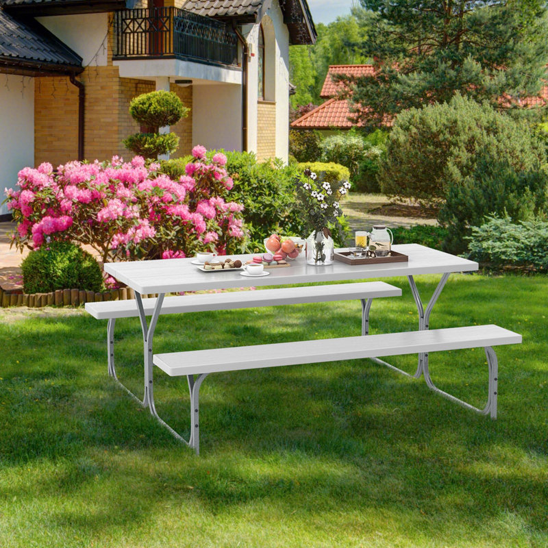 Red Barrel Studio 6 Ft Picnic Table Bench Set Outdoor Dining Table & 2 Benches With Metal Frame White, Blanc