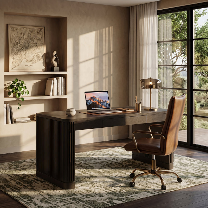 Kaybri Aranza 60”W Solid Wood Base Fluted Desk with Cable Management and Power Outlets, Charcoal