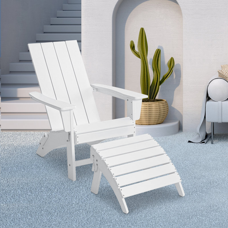 Tulloch Foldable Outdoor Adirondack Chair With Ottoman, White