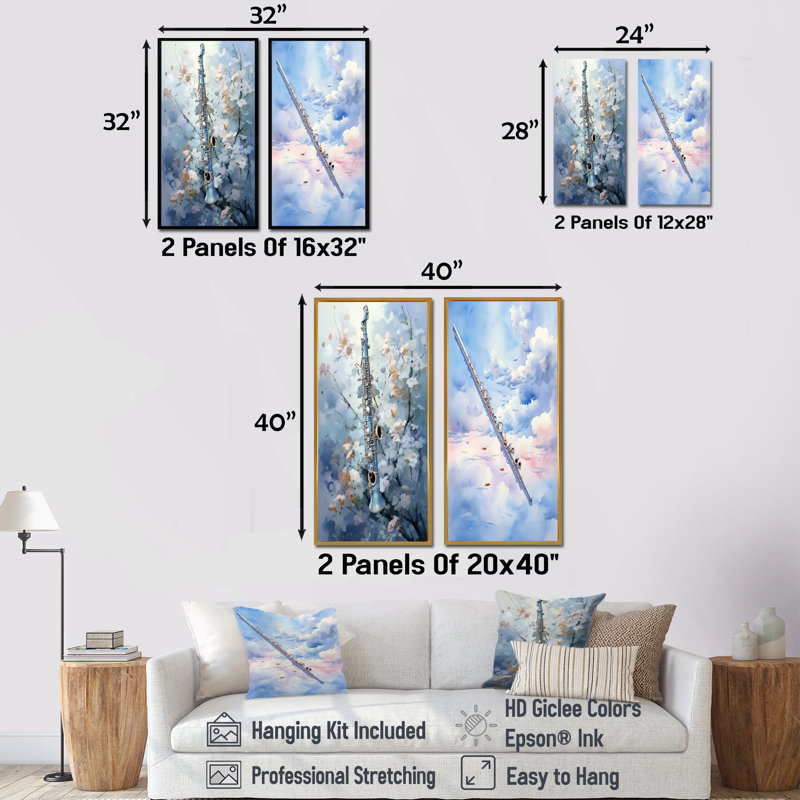 Flûte musicale vol bleu ciel - ensemble de 2 reproductions d'art mural musical, H 40 po x l 41 po, Encadrement brun
