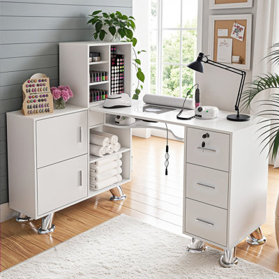 Avriel L-Shaped Manicure Table with Drawers and Shelves for Storage, Nail Table Station with Electric Dust Collector, Wrist Cushion