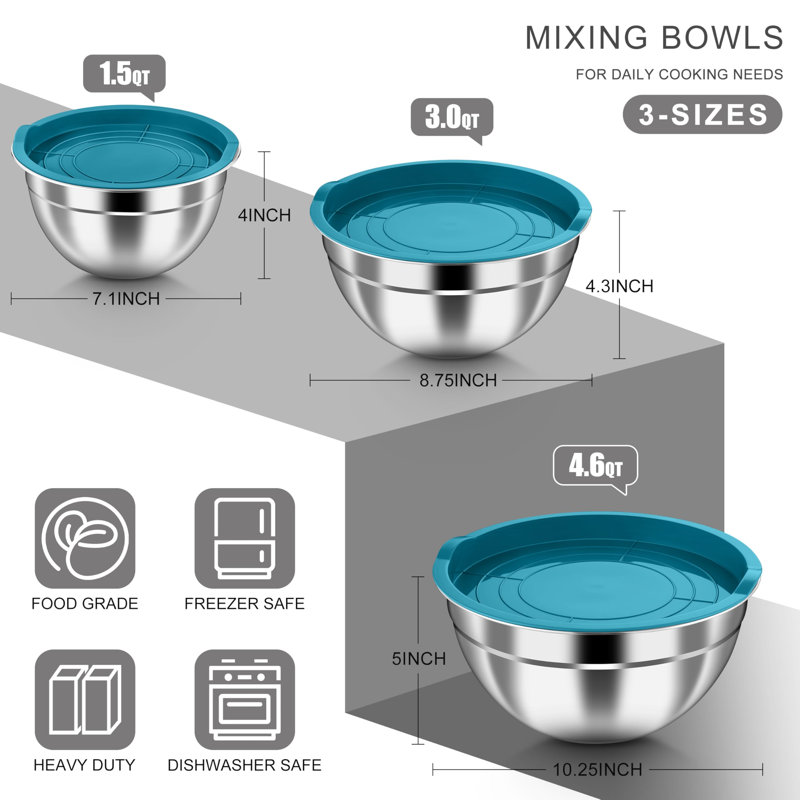 Bol à mélanger avec couvercles hermétiques, bols à salade en acier inoxydable, bols gigognes robustes, service et rangement pour aliments, conception empilable, 6 pièces, (bleu sarcelle)