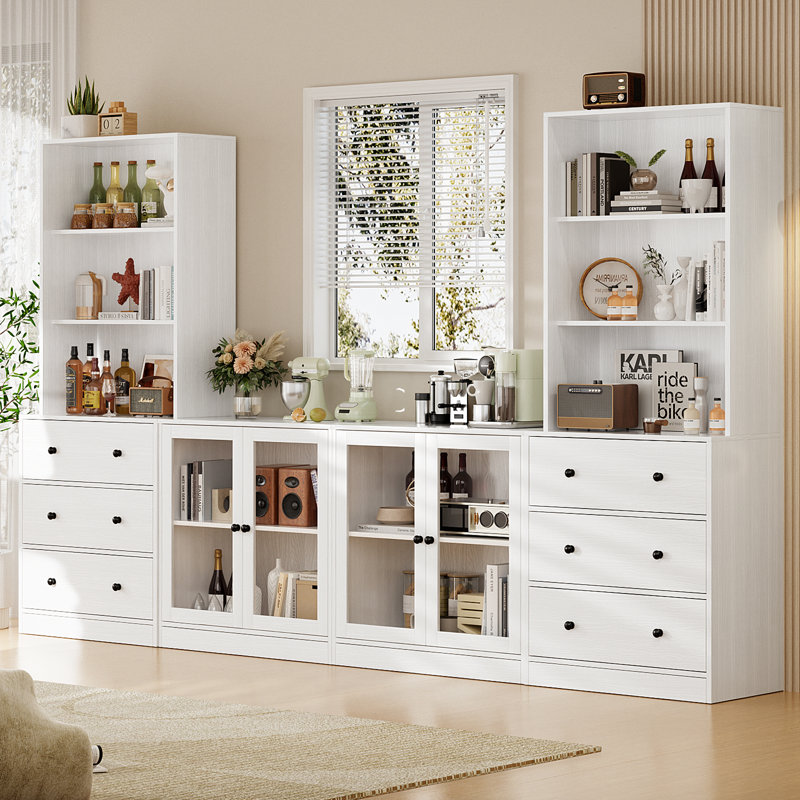 71'' Kitchen Pantry With Bookcases, Farmhouse Wall Unit Tv Stand For Tvs Up To 75", White
