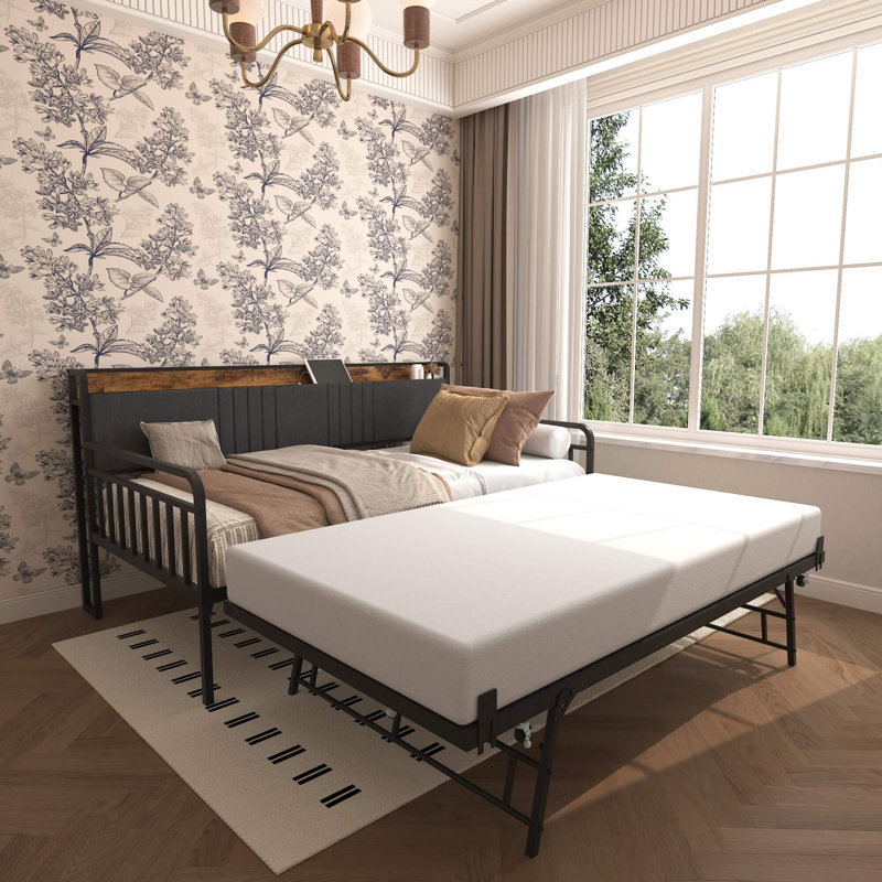 Twin Metal Daybed with Trundle, Upholstered Headboard, RGB LED Lights, and Built-In Charging Station, Black