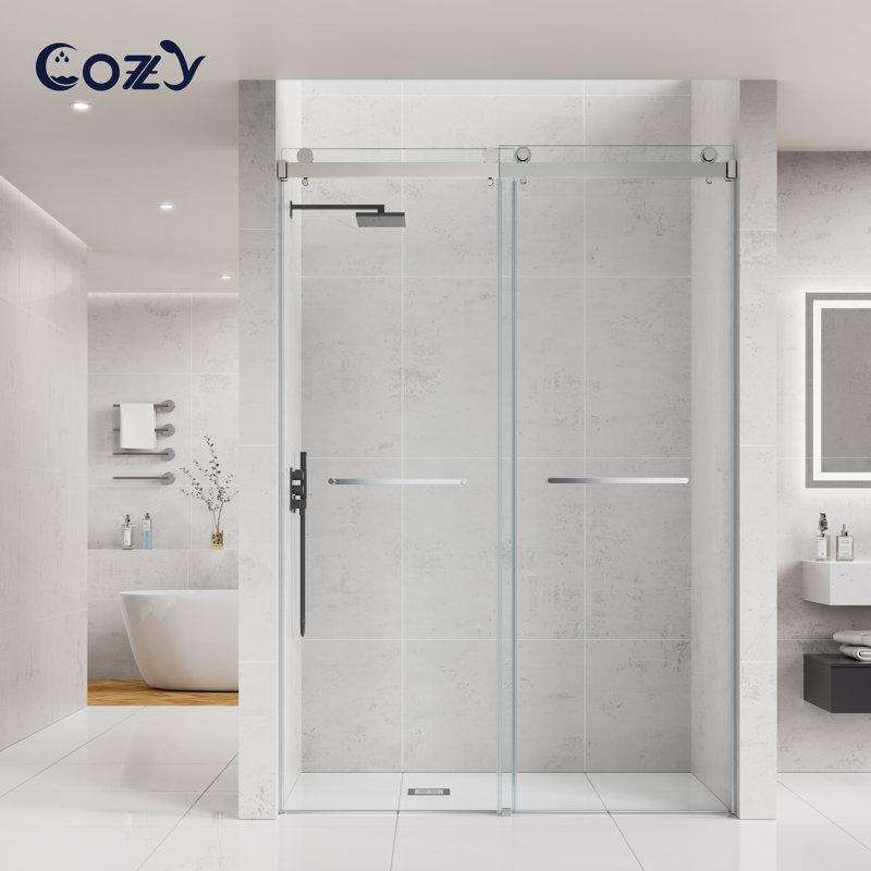 56-61" W X 76" H Frameless Double Sliding Shower Door with 3/8" (10mm) Clear Tempered Glass, Shatter-Resistant Film & Installation Hole Locator