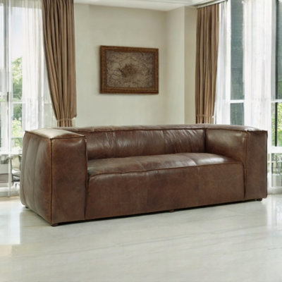 Haslingden 98"L Genuine Leather Upholstered Square Arm Chesterfield Sofa in Retro Brown
