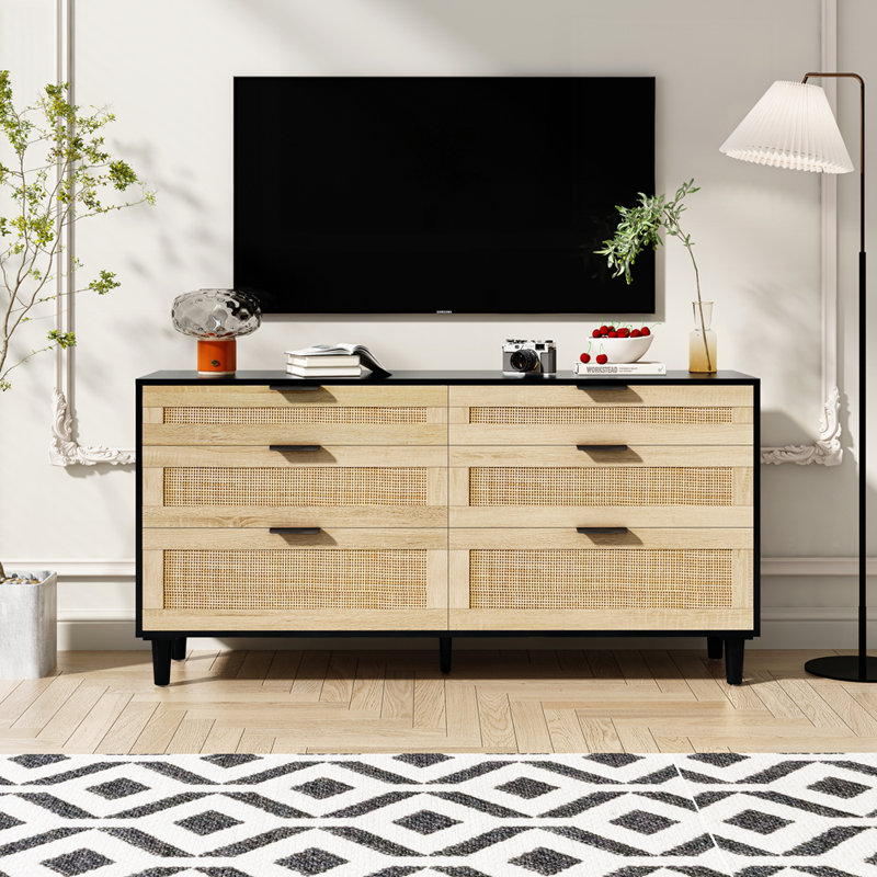 Commode 59 po en rotin avec tiroirs, commode 6 tiroirs pour chambre à coucher, armoire de rangement pour vêtements