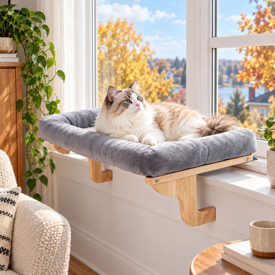 Large Cat Window Perch with Bolster Bed, Hook-On Mount, Natural Wood and Gray
