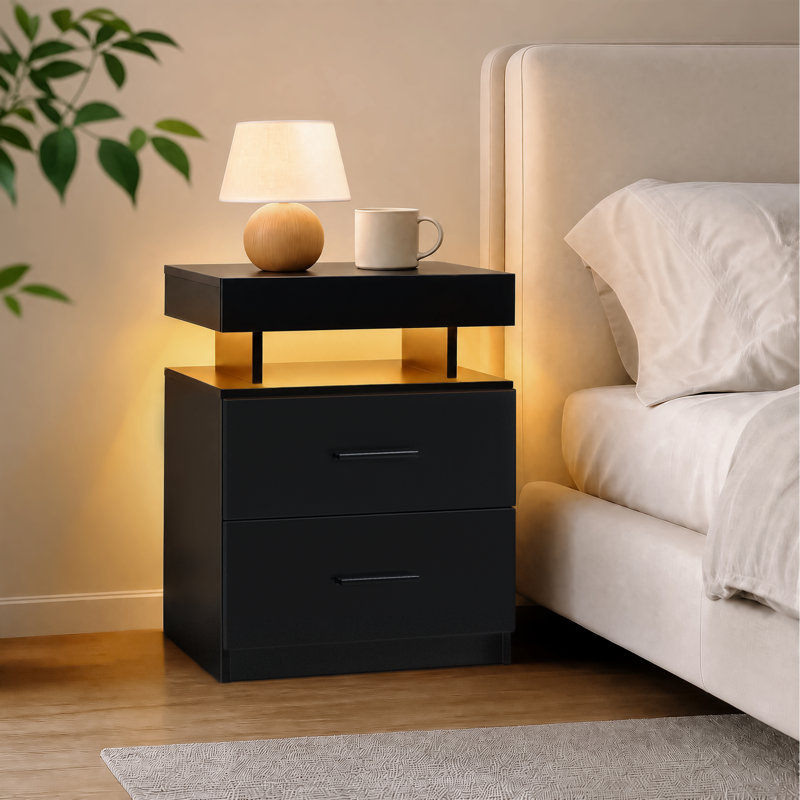 Table de chevet moderne noire à DEL avec 2 tiroirs en tissu pour chambre à coucher (paquet de 2), 2