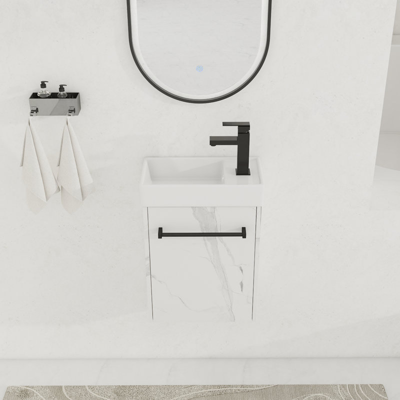 Meuble-lavabo simple mural 16 po avec comptoir en céramique 16 po, Blanc de Carrare