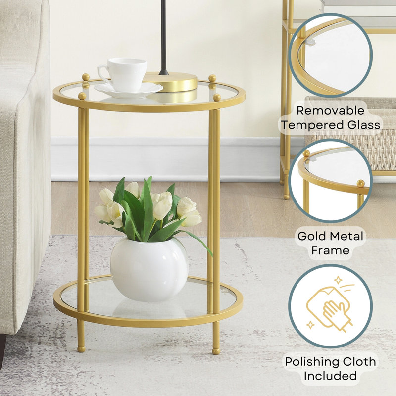 Carolina Round Glass End Table with Metal Shelf, Gold