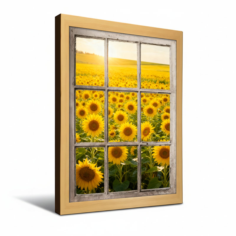 Paysage et nature Champ de tournesols à travers un cadre de fenêtre, Wrapped Canvas, Ne s’applique pas, H 24 po x l 16 po