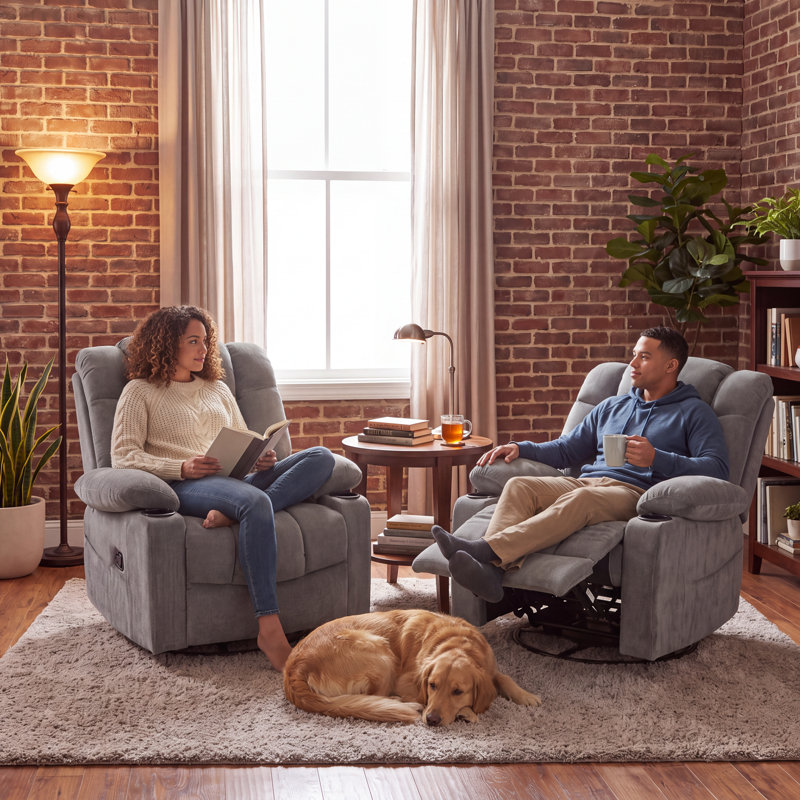 Chaise inclinable en chenille Slagle avec base pivotante et porte-gobelets (ensemble de 2), Gris chenille