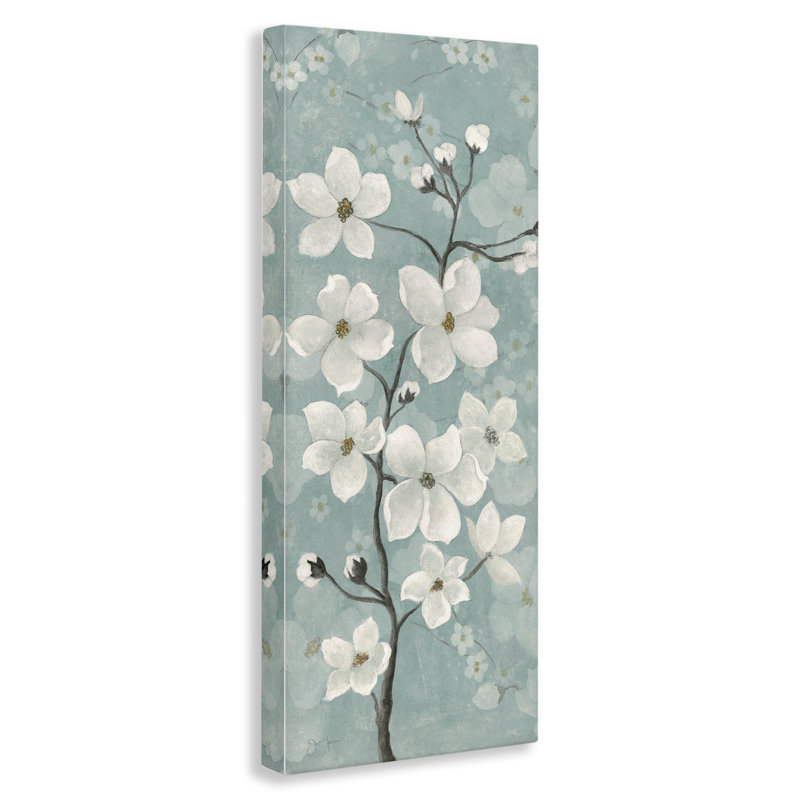 Fleur de pommier sur toile verte, design par Janet Tava, H 24 po x l 10 po
