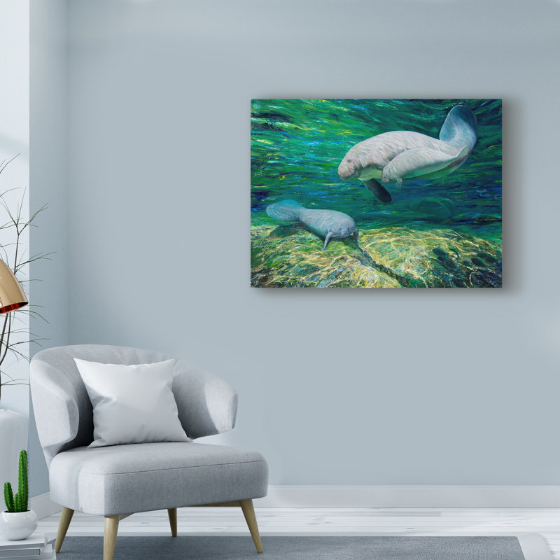 « crystal river lamantin », reproduction de peinture à l’acrylique sur toile tendue, H 35 po x l 47 po x P 2 po