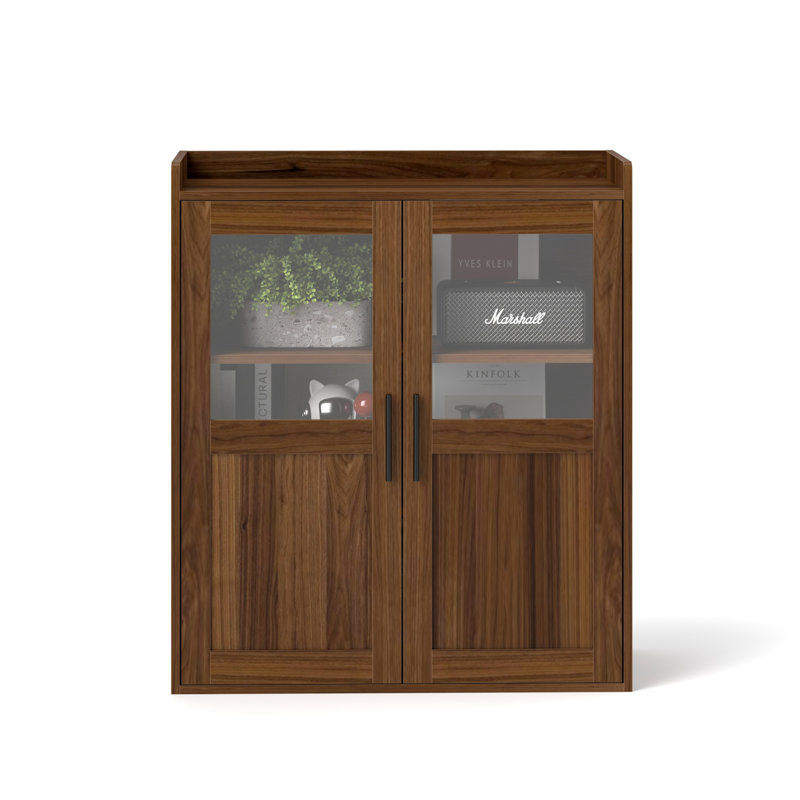 Cheadle 31.4" W Modern Walnut Double Door Side Cabinet With Glass Panels & Bow Handles