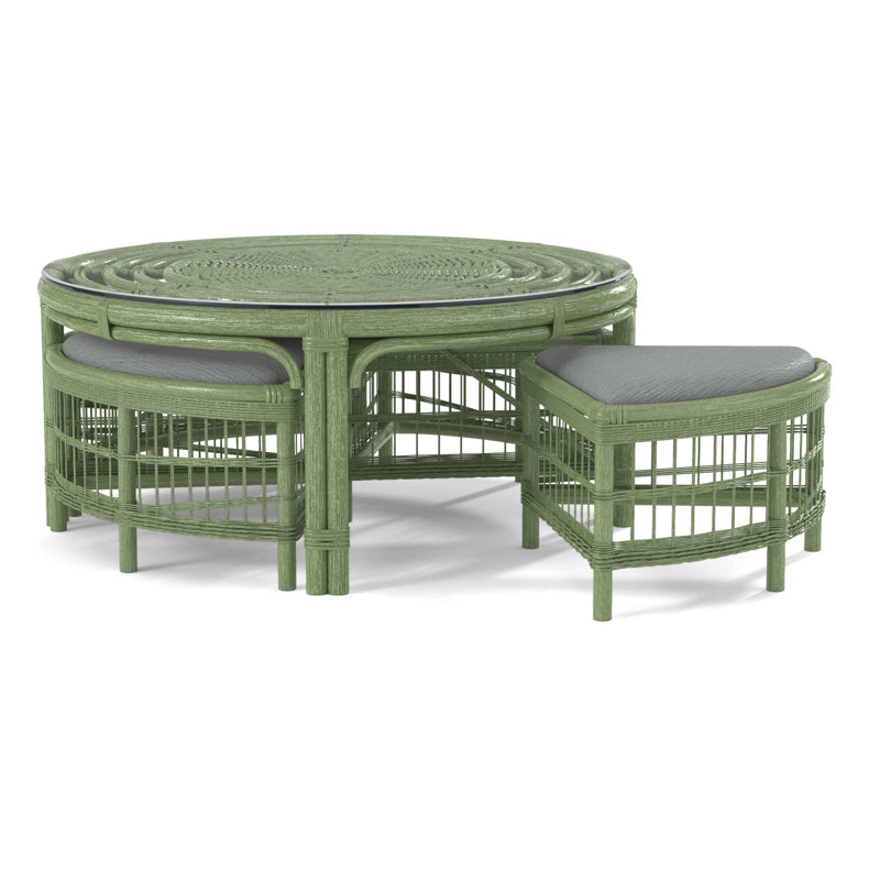 Raffles Rattan Cocktail Table with Benches, Celery, White Performance Fabric; 0851-94