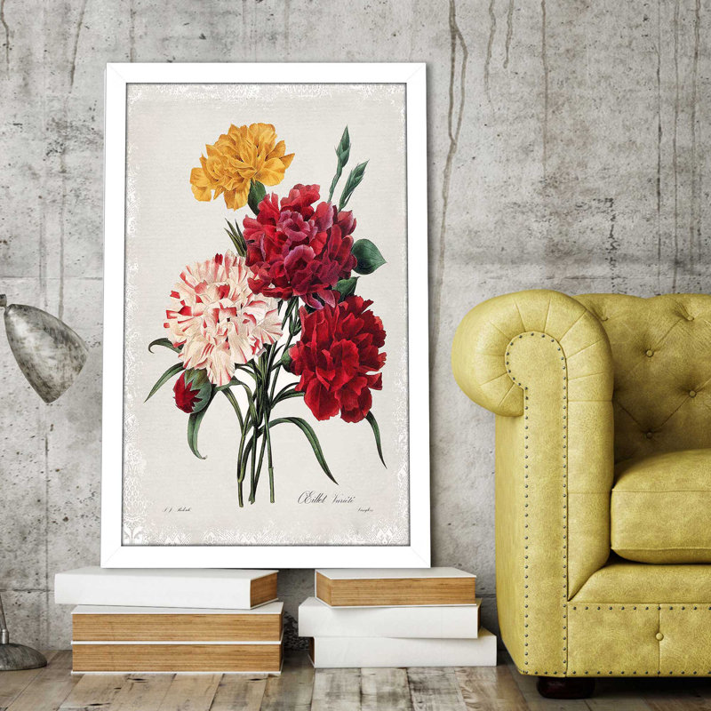 Bouquet botanique avec œillets par - Peinture, Cadre blanc, H 39,5 po x l 27,5 po x P 0,75 po