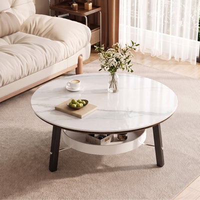 35.43" Round Sintered Stone Coffee Table with 2-Tier Storage Shelves
