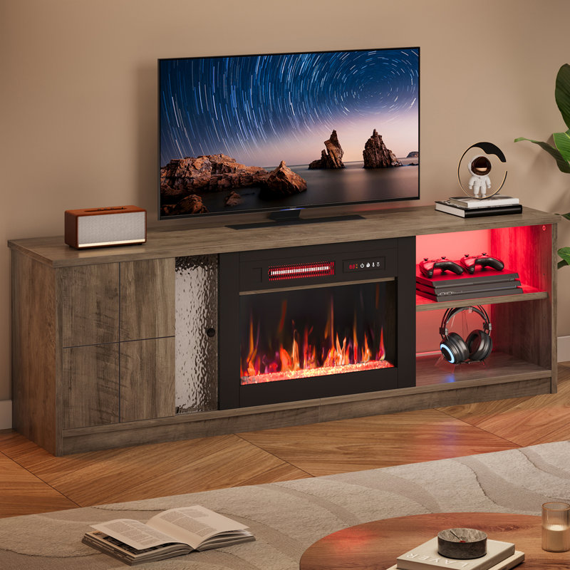 63 Inch Electric Fireplace TV Stand With Storage Cabinet And LED Open Shelf For Tvs Up To 70 Inch, Gray