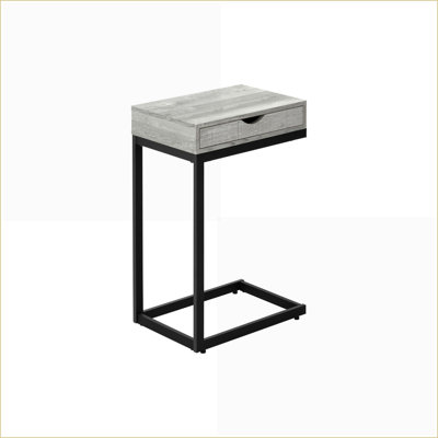 Table basse en forme de C pour le salon, en stratifié gris et métal noir avec tiroir de rangement