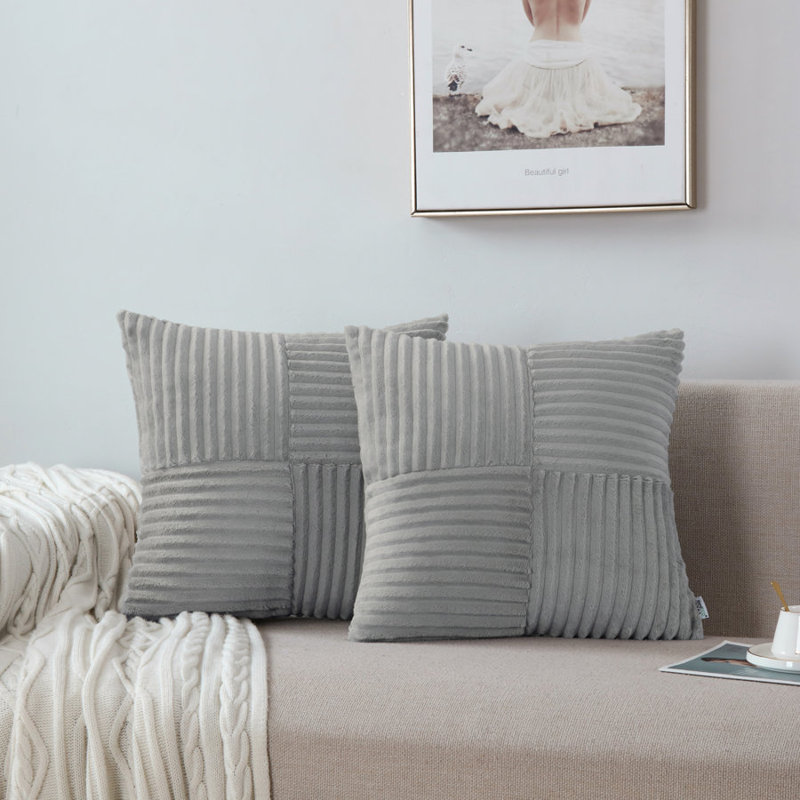 Housse de coussin carré en velours côtelé, Gris, H 24 po x l 24 po