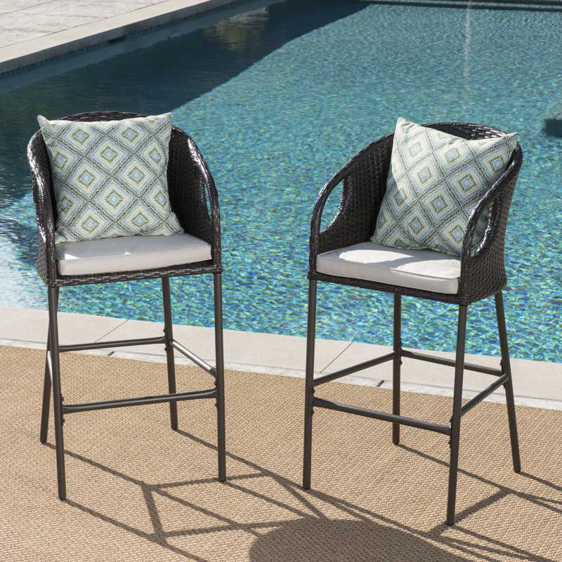 Outdoor PE Rattan Barstools With Waterproof Cushions, Set Of 2