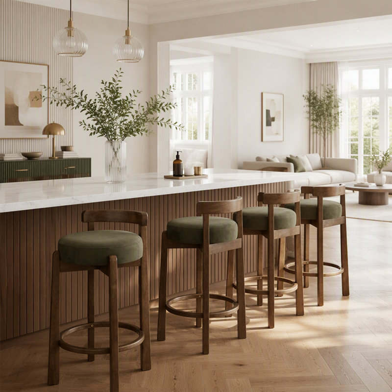 Tabouret de bar intérieur minimaliste Elise en bois d'hévéa, hauteur du comptoir, avec repose-pieds annulaire, ensemble de 4