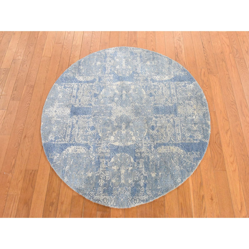 Tapis oriental bleu pierre, laine et soie pure 4 pi x 4 pi, motif de bijoux, noué à la main, rond