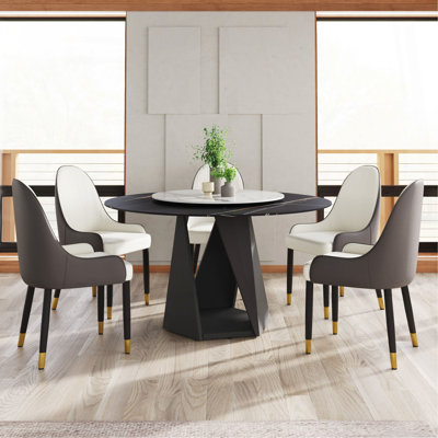 Table de salle à manger 53 po ronde en marbre avec base en fer noir, marbre artificiel pour 6 personnes, table tournante en pierre artificielle blanche 23,62 po (table de salle à manger seulement)